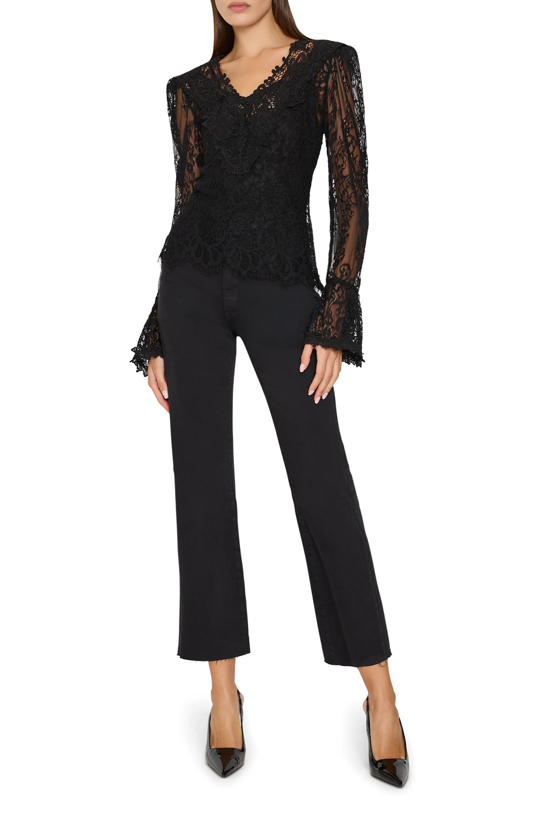 Callie Lace Blouse: V-neck Chantilly lace blouse with embroidered puff sleeves and flared cuffs, front view on model.