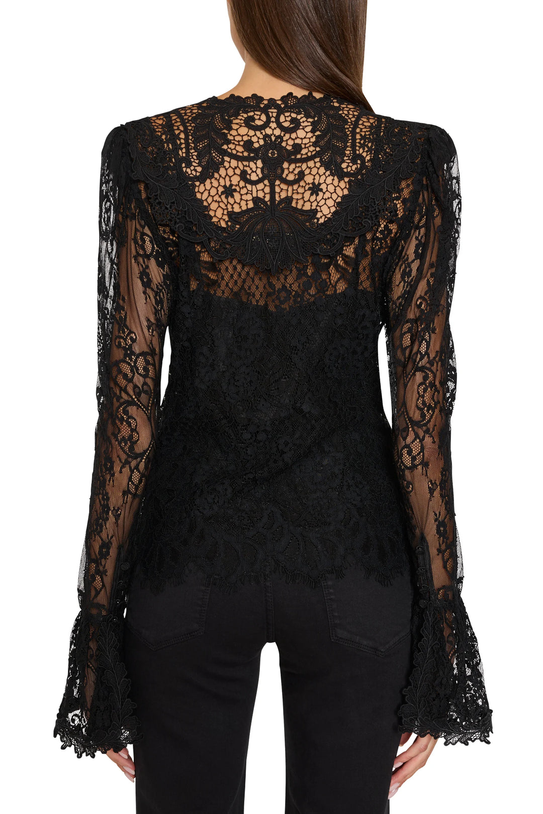 Back view of the black Callie Lace Blouse featuring intricate floral patterns, high neck, and puff sleeves. Back view.