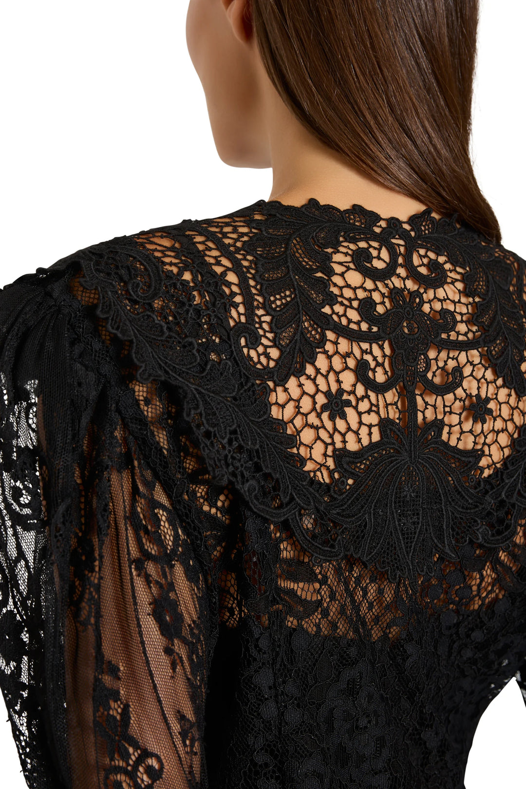 Black Callie Lace Blouse with floral patterns and embroidered puff sleeves, back view.
