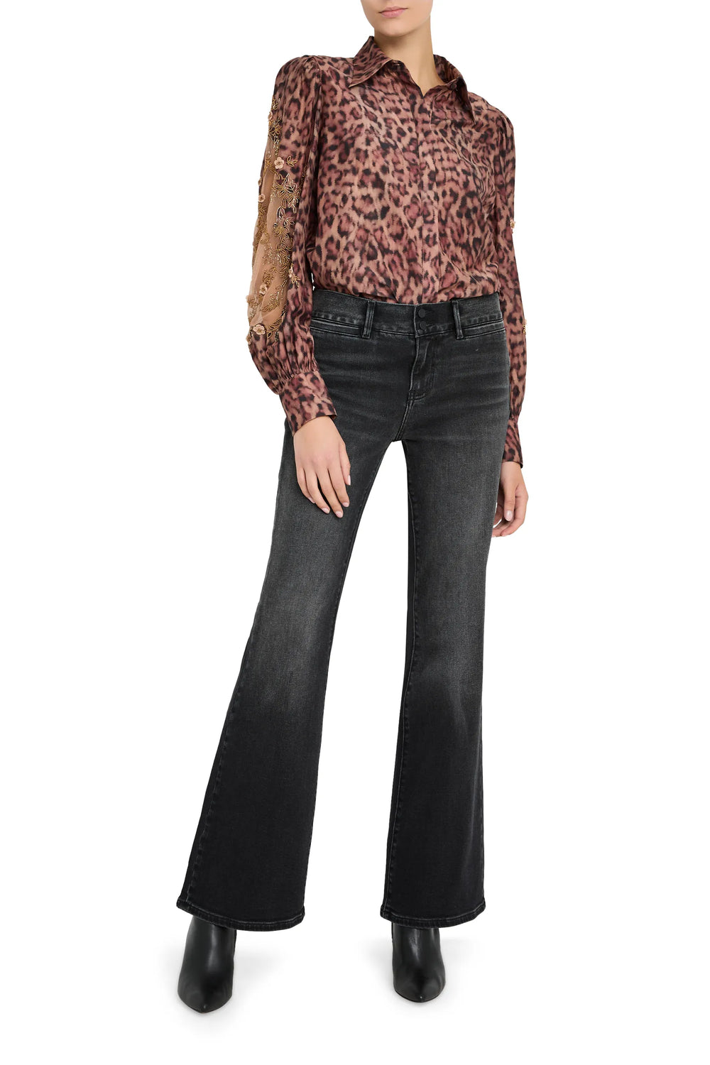 Relaxed-fit blouse with pintucked front, floaty sleeves, and lightweight fabric; front view on model.