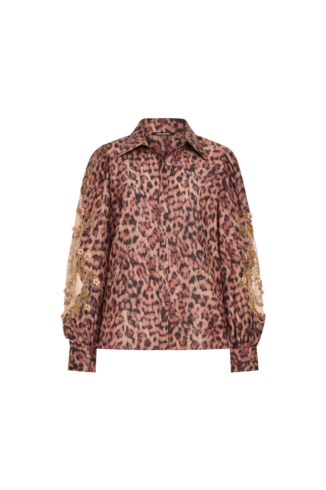 Sheer silk-cotton voile blouse with leopard print, artisan sleeves, button front; relaxed silhouette. Front view on white.