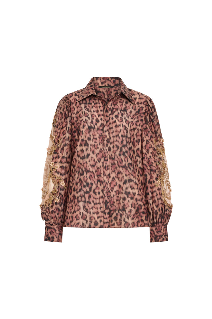 Sheer silk-cotton voile blouse with leopard print, artisan sleeves, button front; relaxed silhouette. Front view on white.