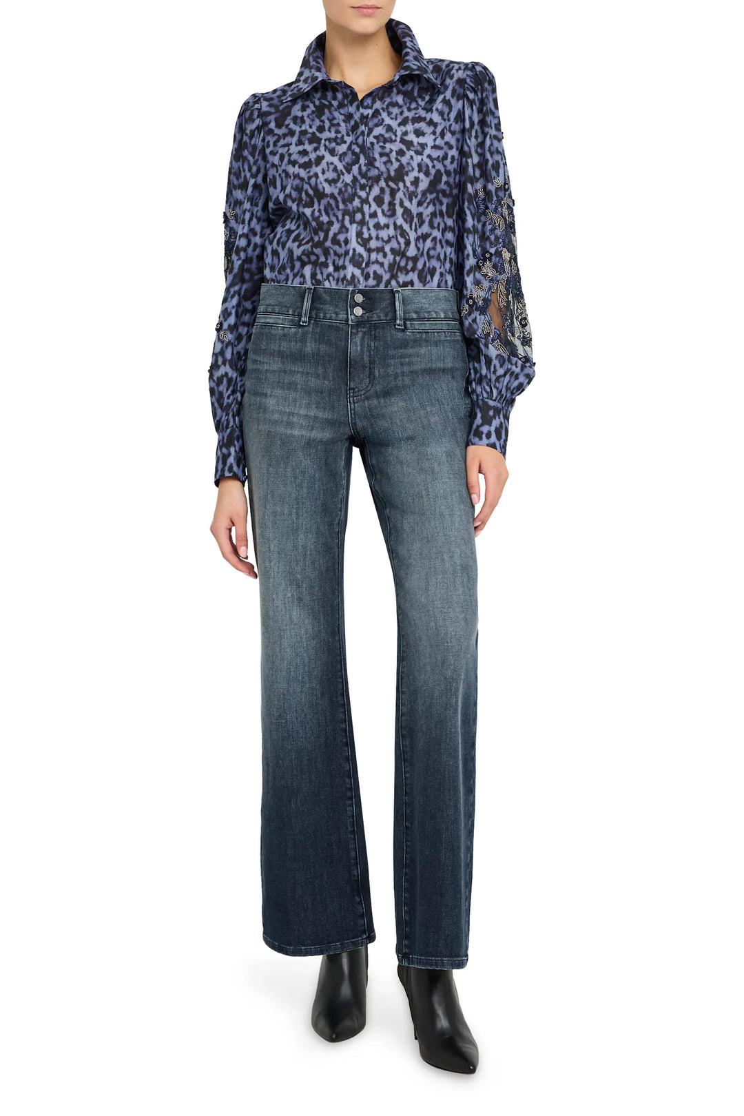 Relaxed-fit Lizzie Printed Blouse with bishop sleeves and pintucked details, front view on model.