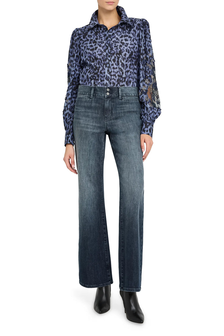 Relaxed-fit Lizzie Printed Blouse with bishop sleeves and pintucked details, front view on model.