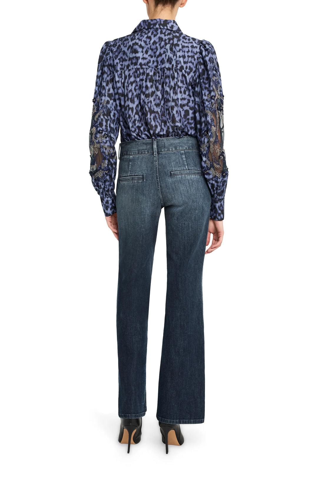 Long-sleeve printed blouse with artisan sleeves, relaxed silhouette, lightweight fabric; back view on model.