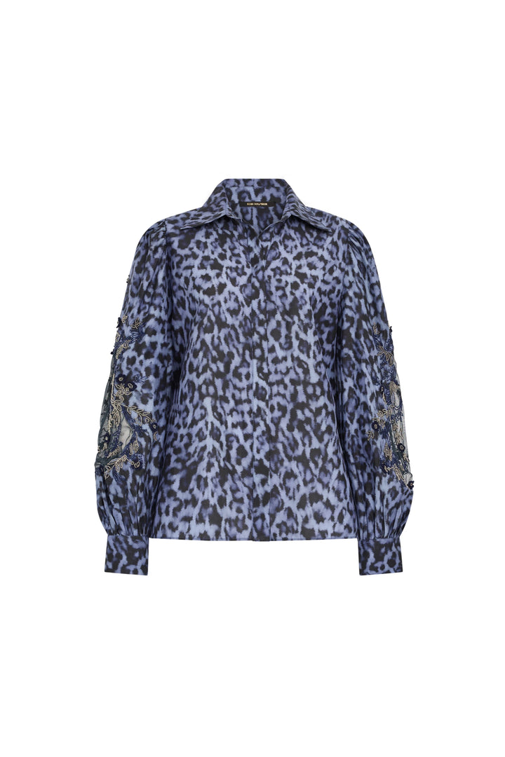 Silk-cotton voile blouse with blue-black leopard print, artisan sleeves, and embroidery; front view on white.