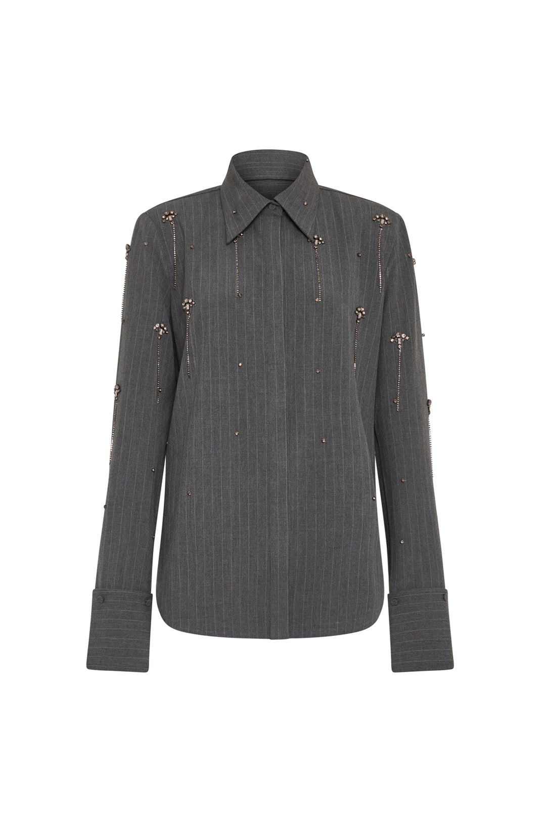 Relaxed-fit shirt in dark gray pinstripe with crystal embellishment, structured collar, wide cuffs; front view on white.