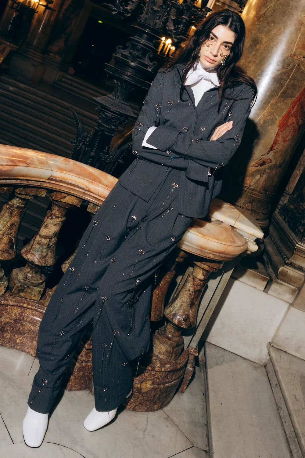 Straight-cut Bridget Stripe Shirt with embellishment, collared neckline, button front; front view on model.