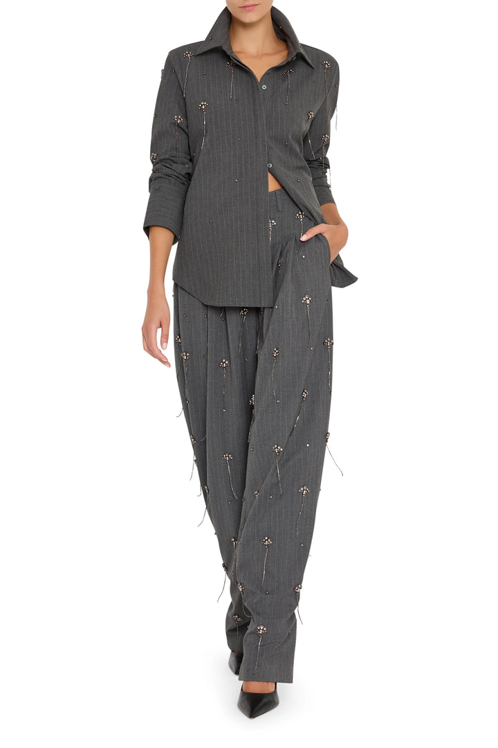Relaxed-fit cotton shirt with vertical stripes, embellished front placket and cuffs, front view on model.