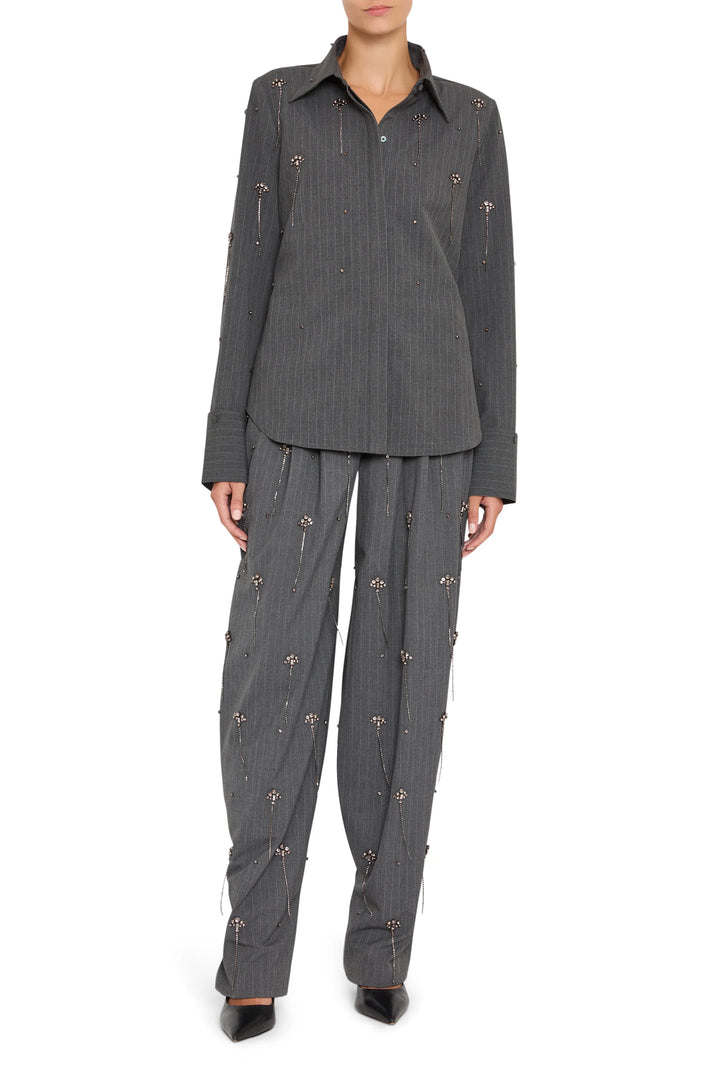 Bridget Stripe Shirt with embellishment, straight silhouette, button front, cotton—front view on white.