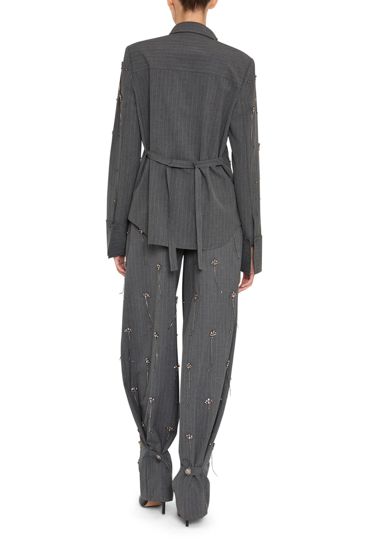 Bridget stripe shirt with embellishment, tailored fit, structured back yoke, buttoned cuffs; back view on model.