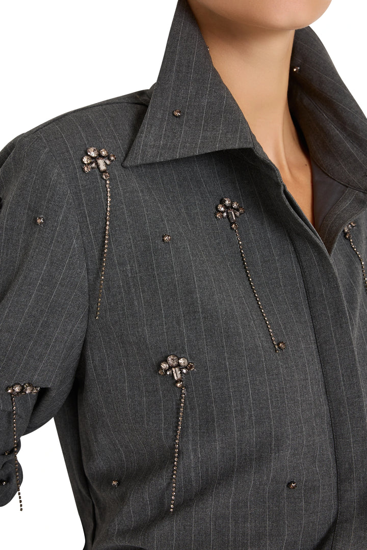 Button-down cotton shirt with slim silhouette, crystal embroidery, jeweled collar. Front view on white.