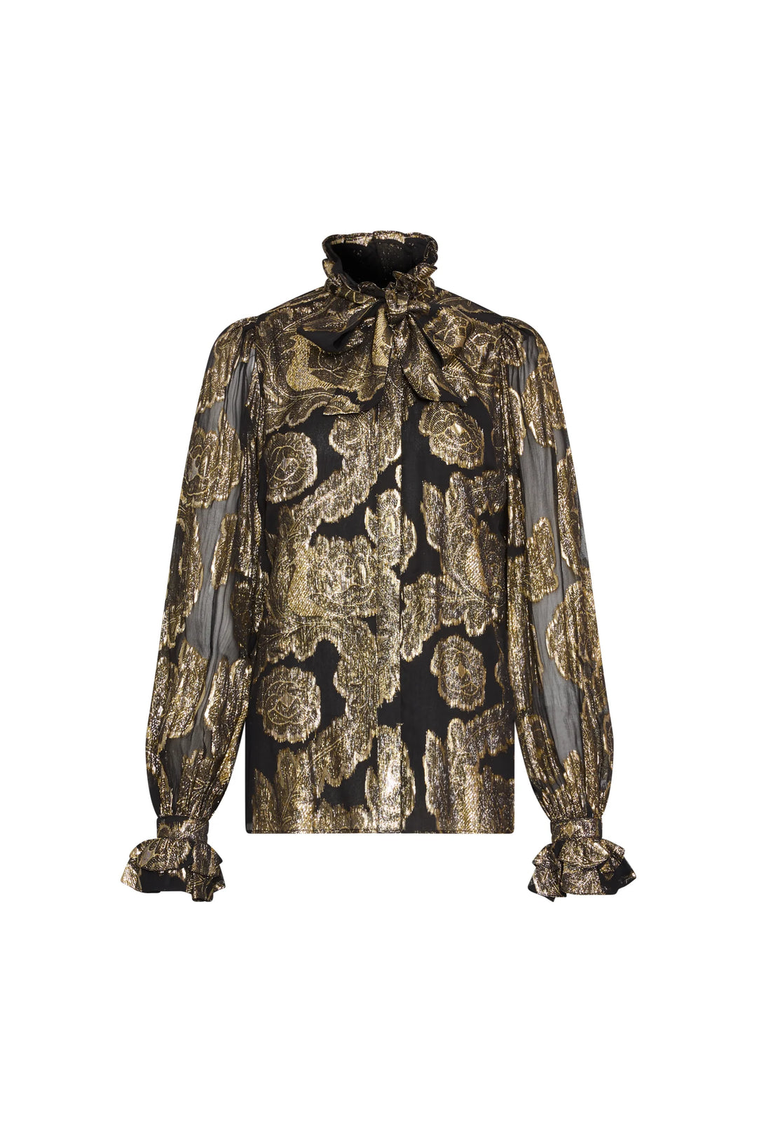 Niosha Lurex jacquard blouse with ruffled high neck, removable scarf, and puffed sleeves, front view on white.