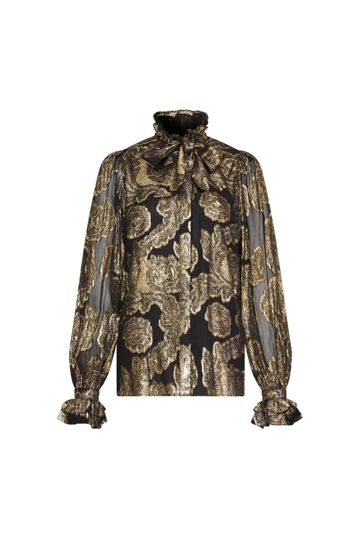 Niosha Lurex jacquard blouse with ruffled high neck, removable scarf, and puffed sleeves, front view on white.