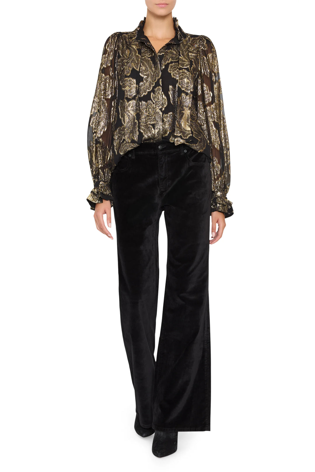 Niosha Lurex Jacquard blouse with high neck, button front, and ruffled puffed sleeves, front view on model.
