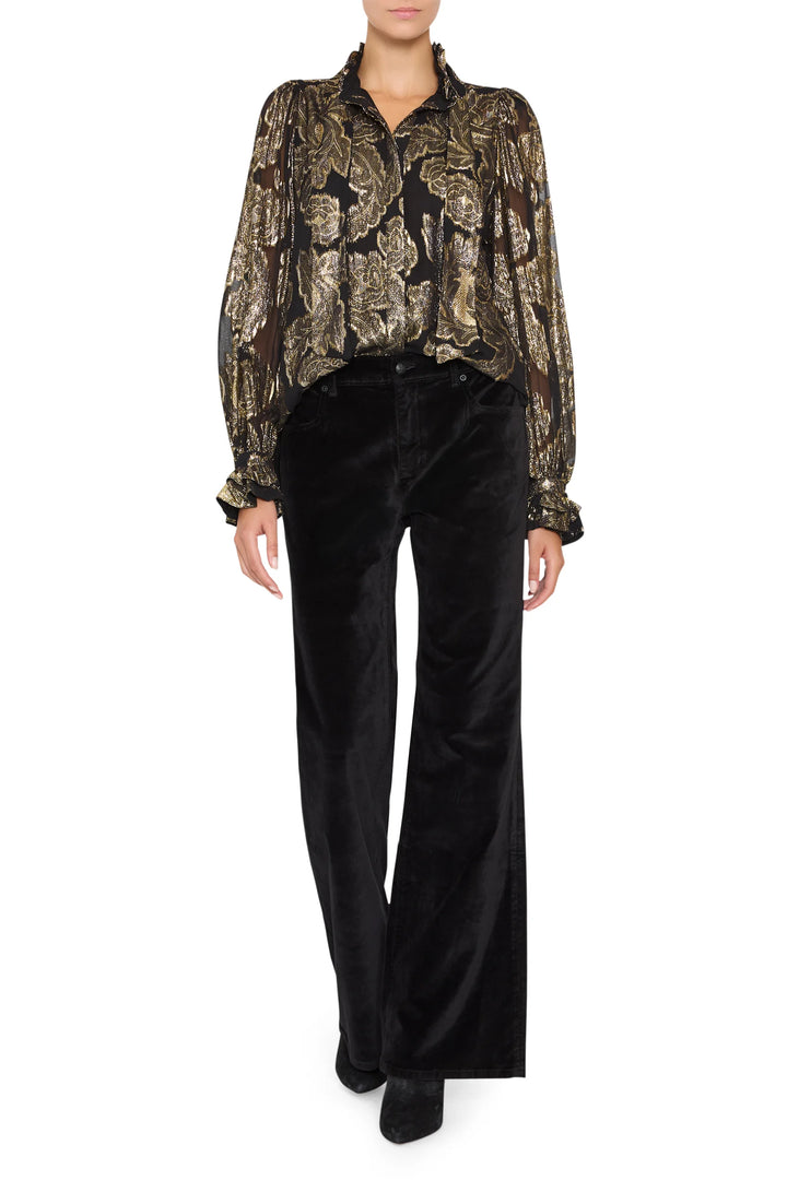 Niosha Lurex Jacquard blouse with high neck, button front, and ruffled puffed sleeves, front view on model.