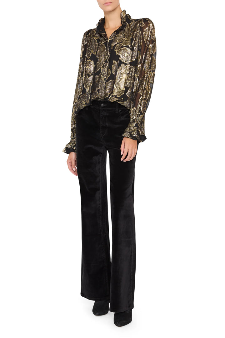 Niosha Lurex Jacquard Blouse, bishop sleeves, ruffled collar, removable scarf, black and gold, front view on white.
