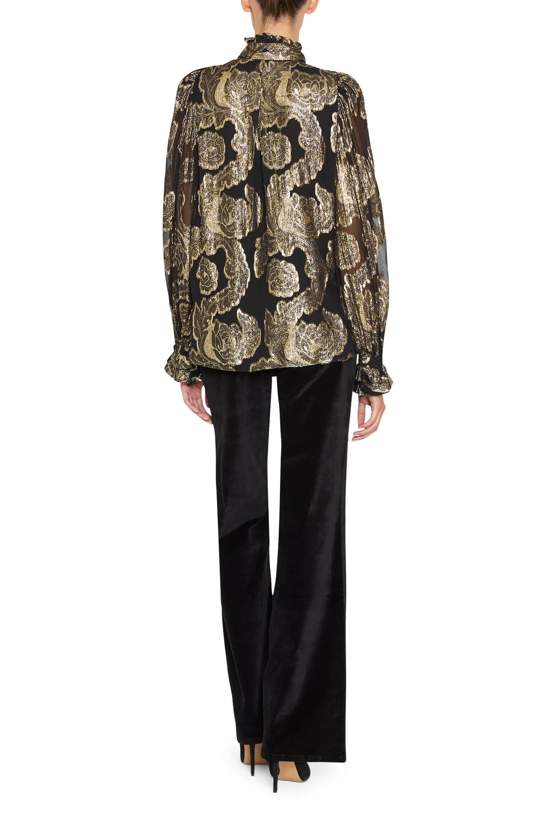 Black and gold Niosha Lurex Jacquard blouse with high ruffled collar and puffed sleeves, back view on white.