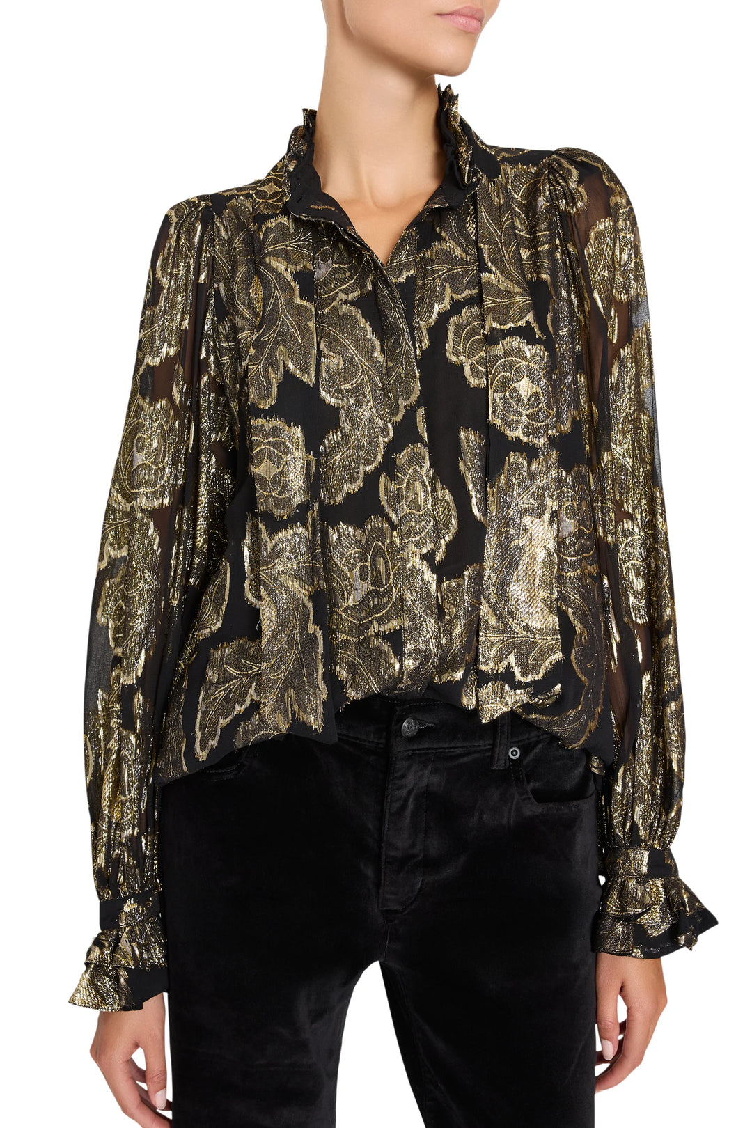 Niosha Lurex Jacquard blouse with high neck, removable scarf, and ruffled puffed sleeves, front view on model.
