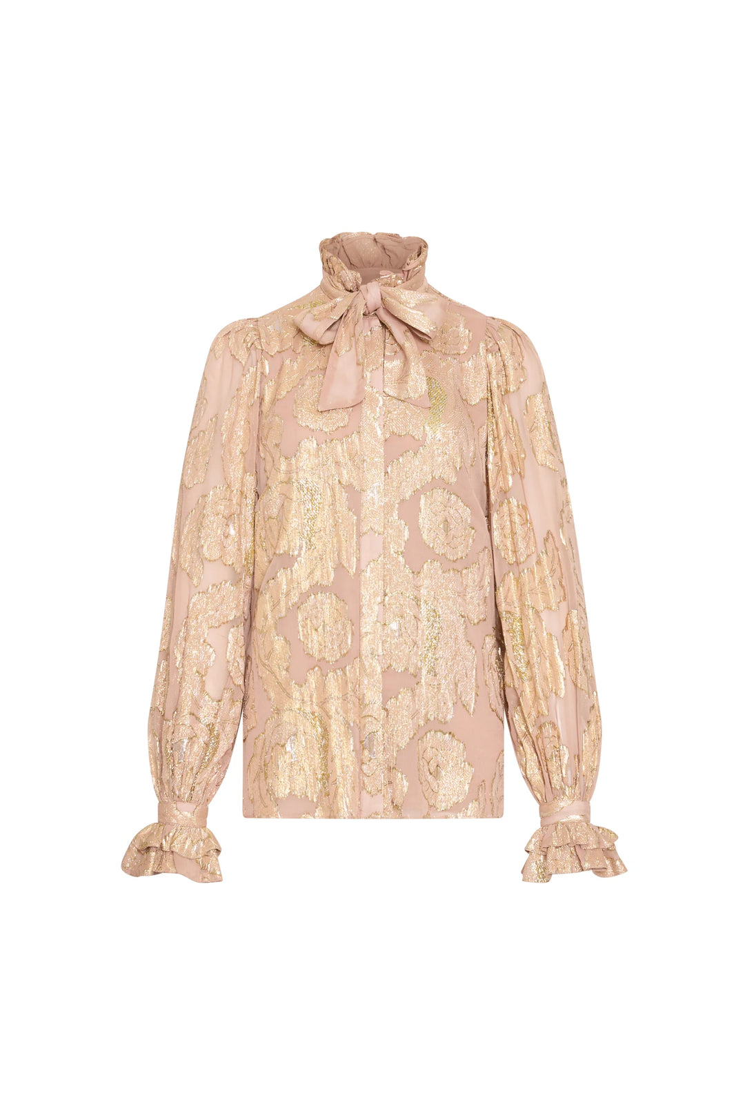 Niosha Lurex jacquard blouse, ruffled collar, removable scarf, puffed bishop sleeves, front view on white.