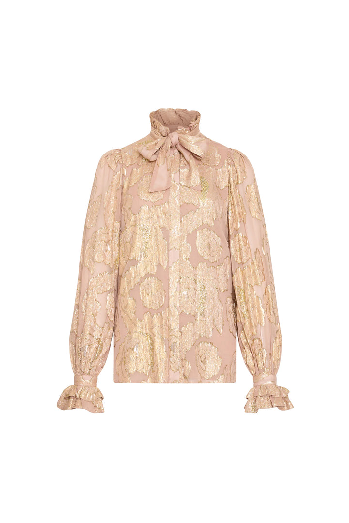 Niosha Lurex jacquard blouse, ruffled collar, removable scarf, puffed bishop sleeves, front view on white.