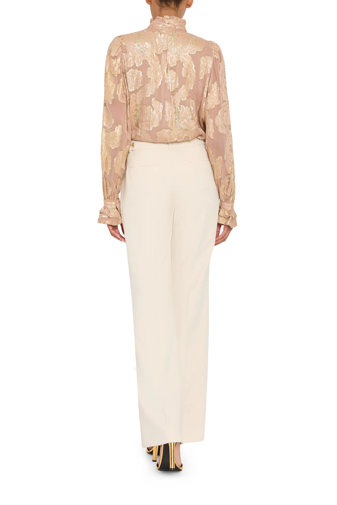 Niosha Lurex Jacquard blouse with puffed sleeves, high neck, and ruffled cuffs, back view on model.