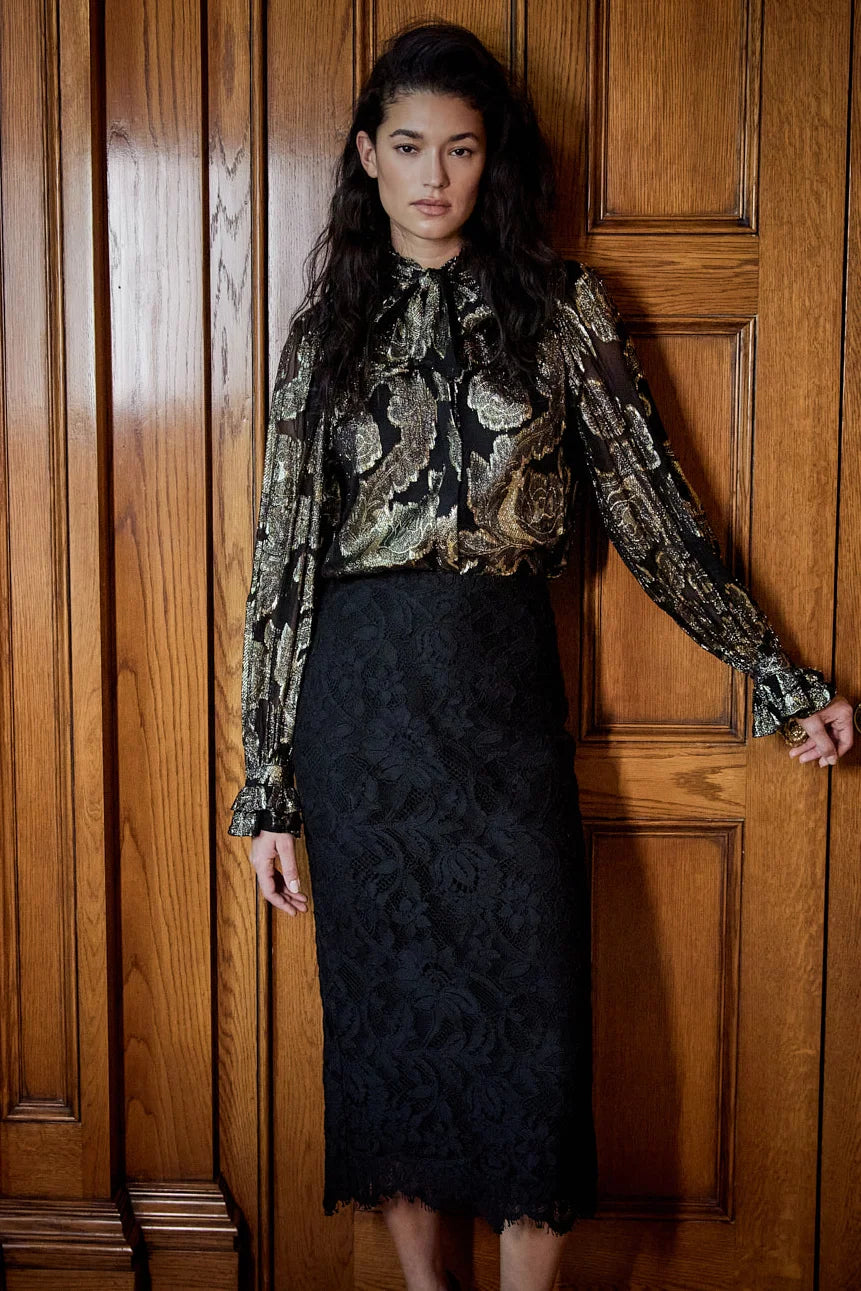 Niosha Lurex Jacquard blouse with high ruffled neckline, puffed sleeves, and removable scarf, front view on white.