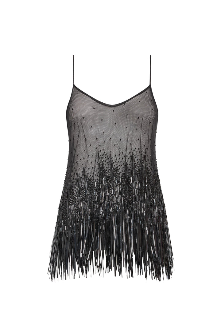 Black sheer mesh cami with thin straps, jet beadwork, and fringe hem; delicate silhouette, front view on white.