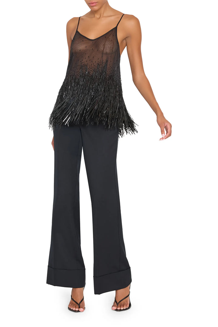 Sleeveless blouse with embellished front, relaxed silhouette, lightweight fabric; front view on white.