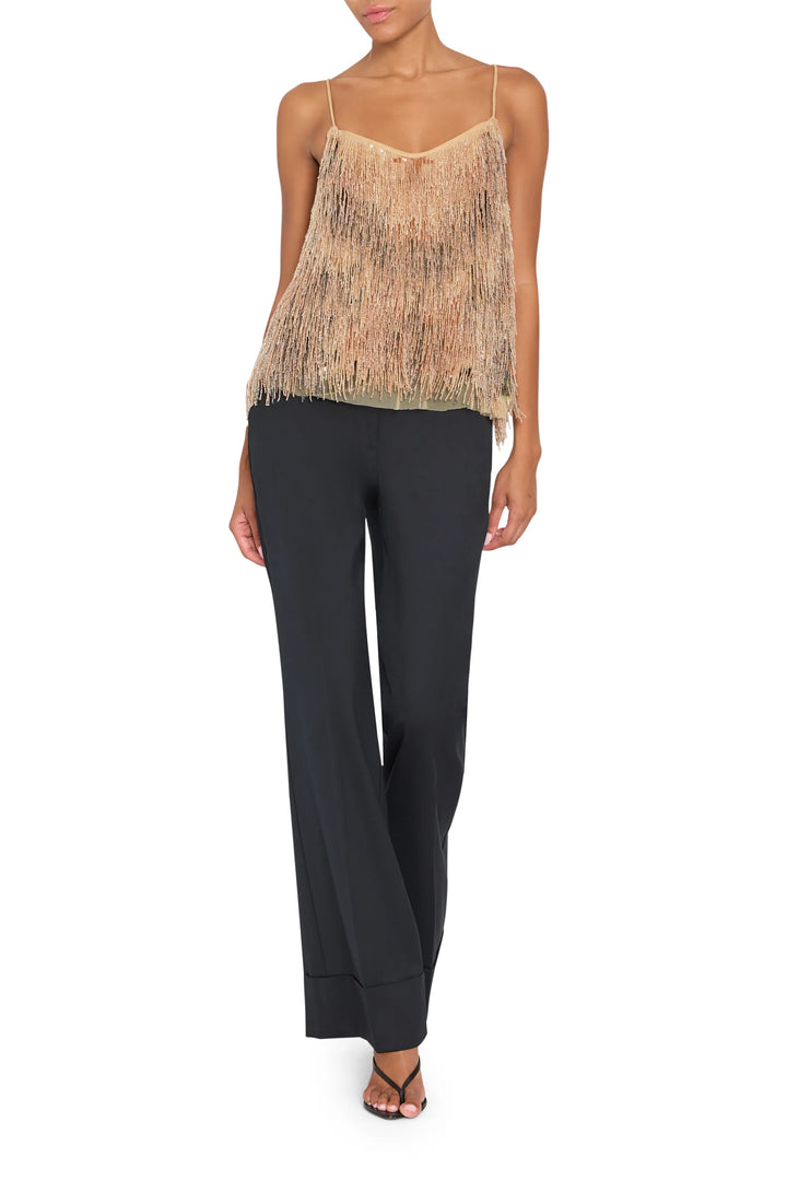 Sleeveless embellished blouse with relaxed silhouette and delicate detailing, front view on model.
