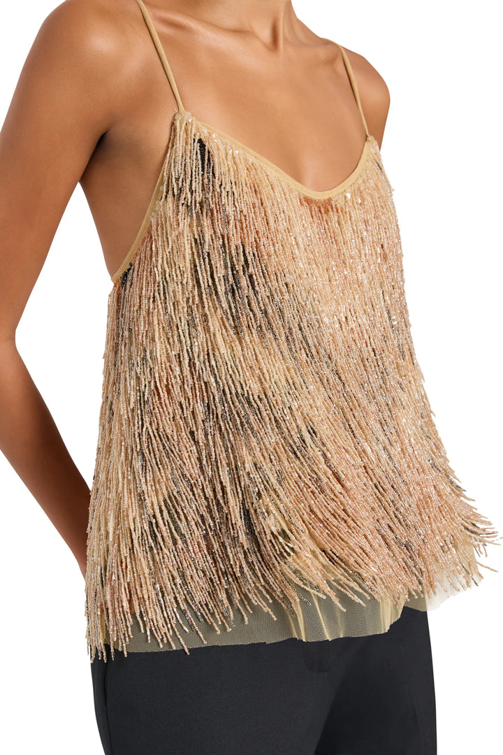 Embellished sleeveless blouse with relaxed silhouette and delicate detailing, front view on model.