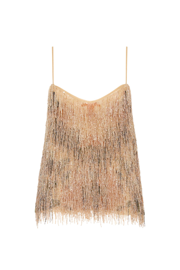 Sleeveless blouse with spaghetti straps, metallic fringe embellishment, fluid silhouette. Front view on white.
