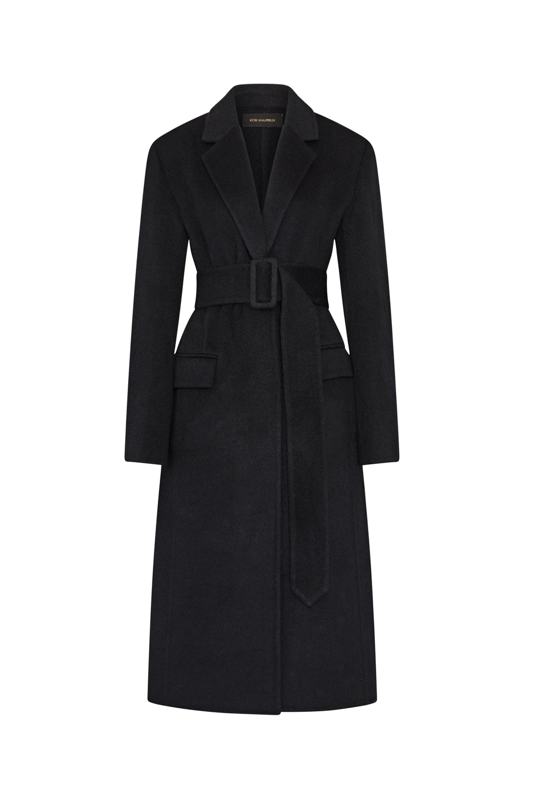 Wool silk belted coat with lapels, front pockets, sash belt; clean silhouette and smooth fabric, front view on white.
