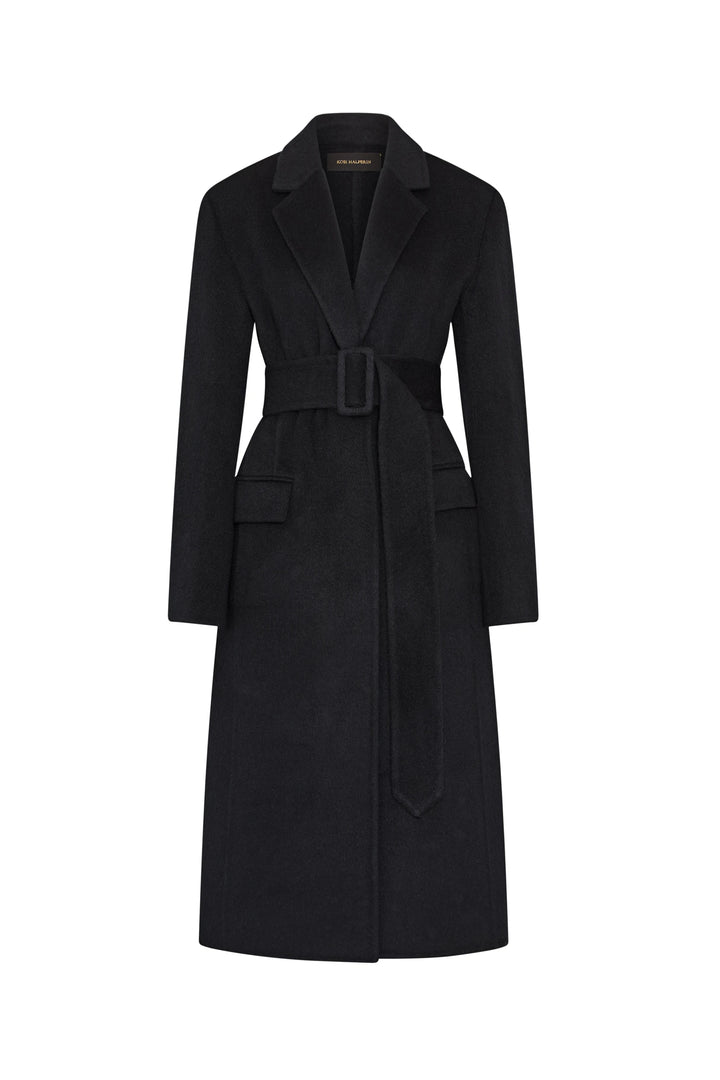 Wool silk belted coat with lapels, front pockets, sash belt; clean silhouette and smooth fabric, front view on white.