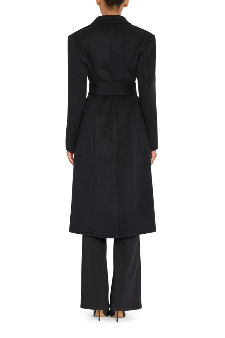 Long belted wool-silk coat with straight silhouette and clean seams, back view on model.