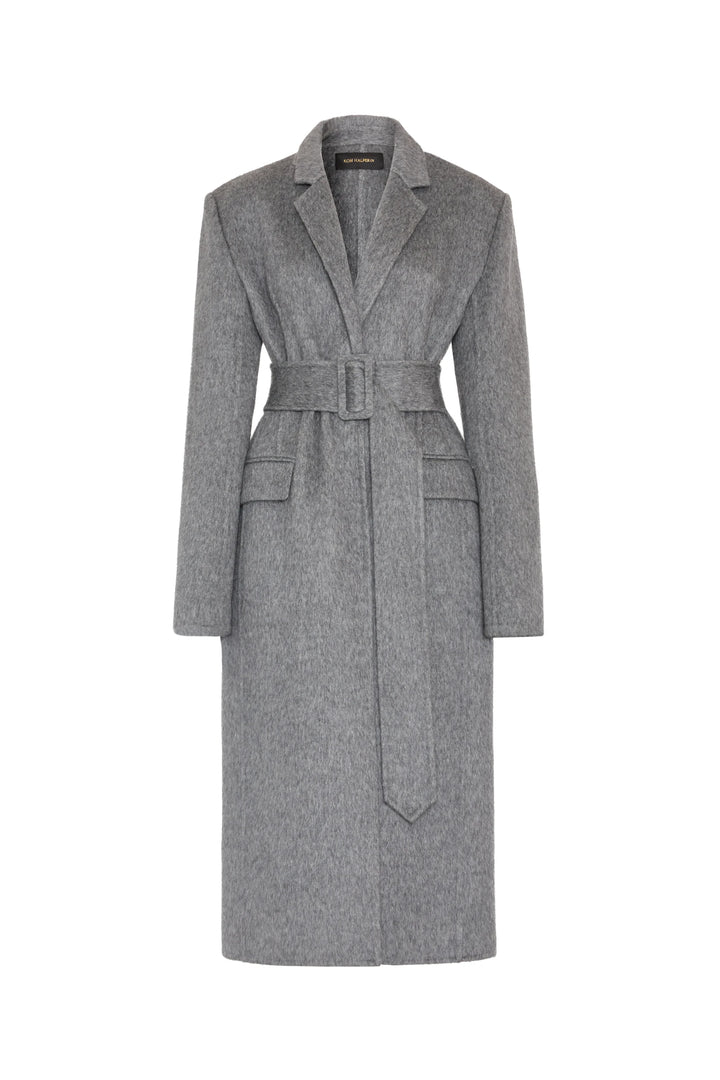 Gray wool silk belted coat with wide lapels, flap pockets, structured silhouette. Front view on white.