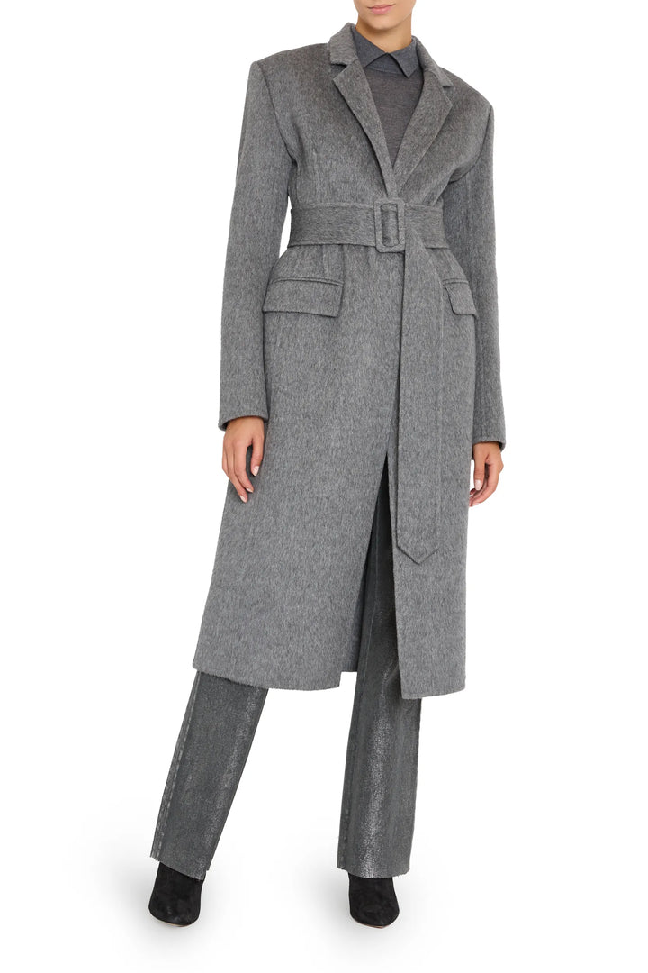 Longline belted coat in wool-silk blend with structured shoulders and notch lapels, front view on white.