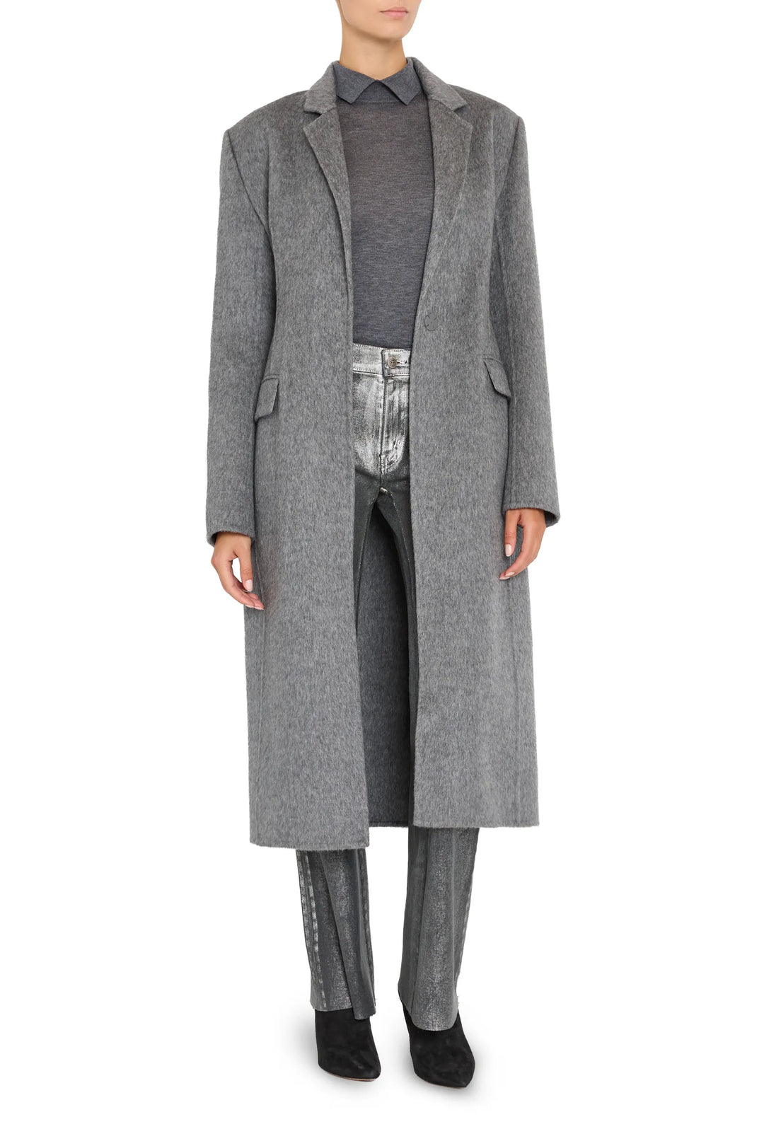 Long belted coat in wool silk with tailored silhouette, notch lapels, and clean lines; front view on white.