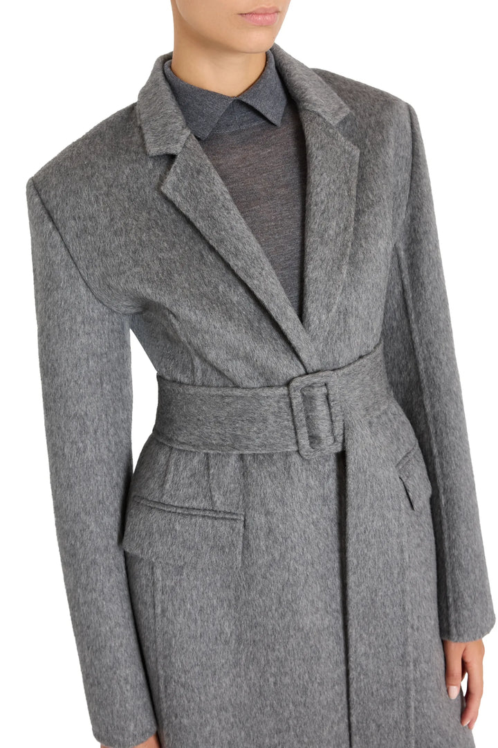 Belted wool-silk coat with tailored silhouette, button front, notched collar; front view on model.