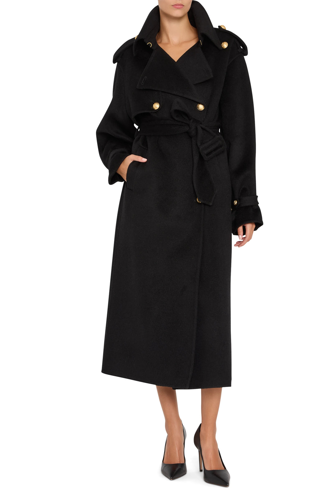 Military-inspired silk wool trench coat with structured silhouette and notch collar, front view on model.