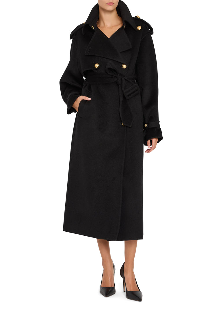 Military-inspired silk wool trench coat with structured silhouette and notch collar, front view on model.