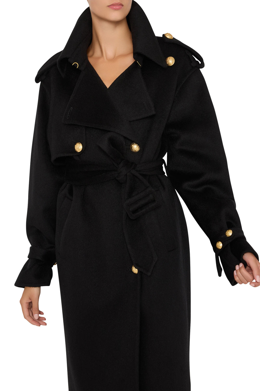 Silk wool trench coat with tied waist, gold buttons, structured lapels, long sleeves; front view on white.