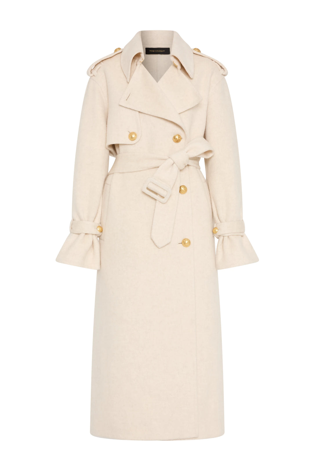 Cream silk wool trench coat, double-faced, gold buttons, belted waist, flared cuffs; front view on white.