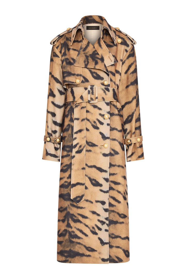Longline coat with tiger motif jacquard, gold buttons, wide collar, epaulettes, matching belt; front view on white.