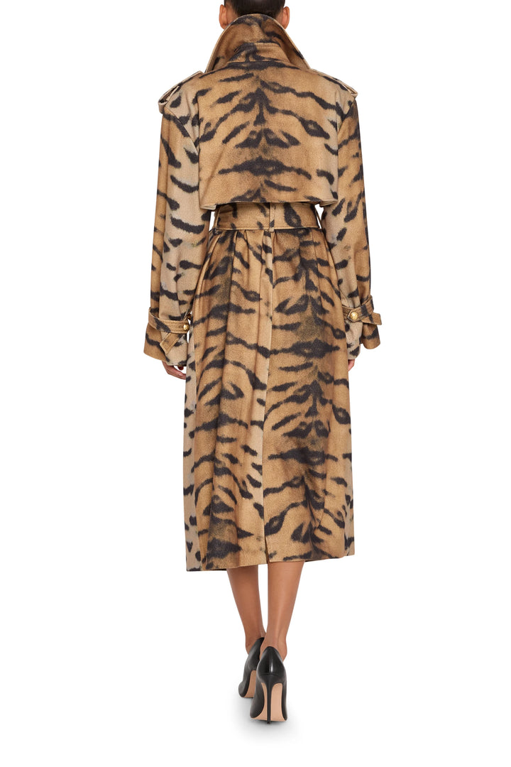 Animal Printed Coat with long, straight silhouette, structured collar, and tailored seams; back view on white.