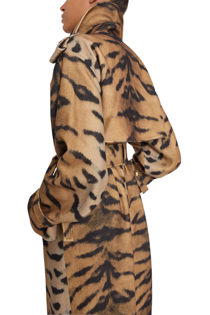 Animal printed coat with high collar, straight silhouette, hands in pockets, back view on model.
