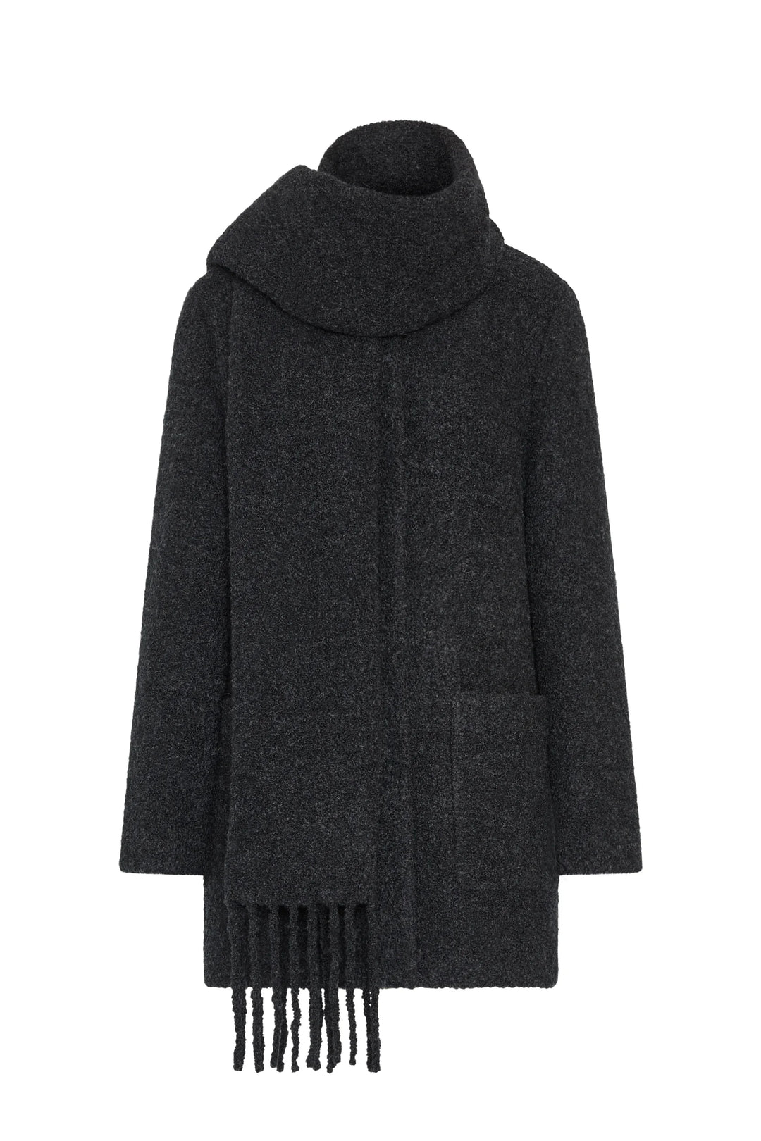 Dark gray bouclé coat with oversized collar, front patch pockets, removable fringed self-scarf; front view on white.