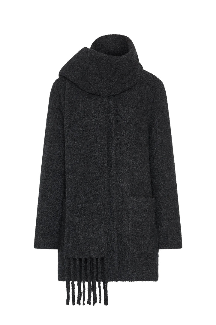 Dark gray bouclé coat with oversized collar, front patch pockets, removable fringed self-scarf; front view on white.