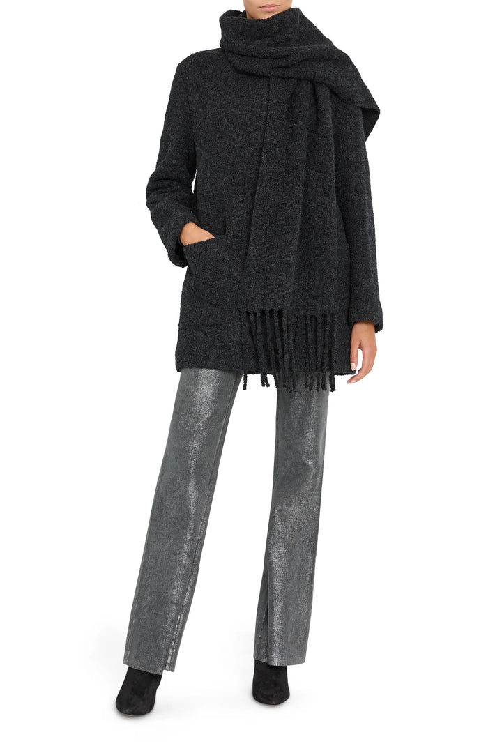 Longline bouclé coat with attached scarf, tailored fit and clean lines; front view on model.