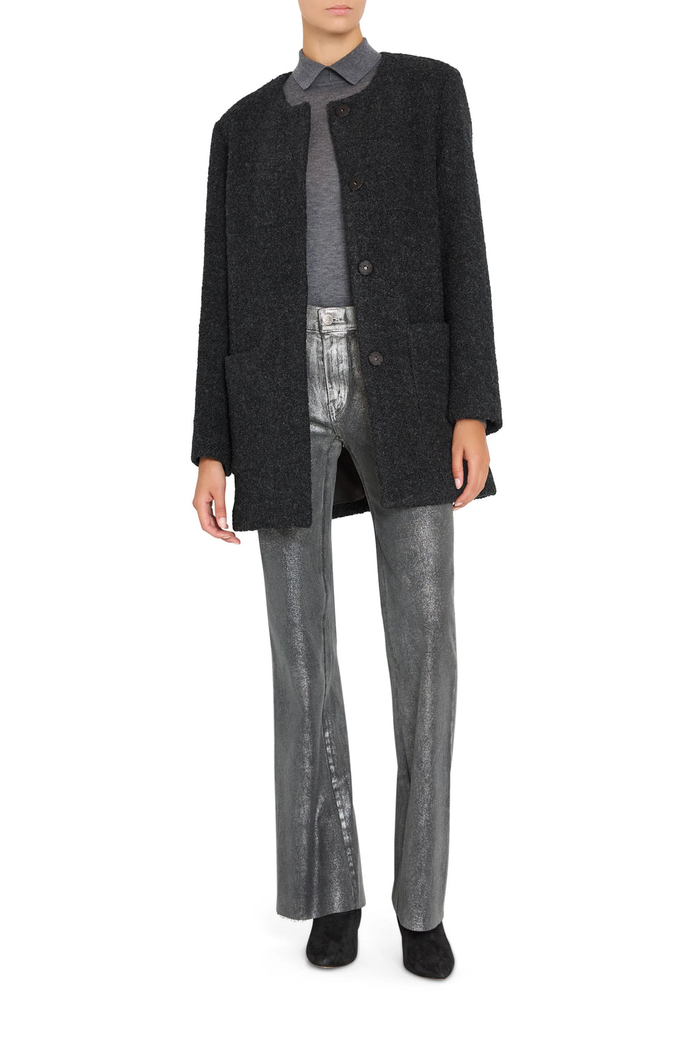 Long, tailored bouclé coat with attached scarf, structured shoulders, and open front; front view on model.